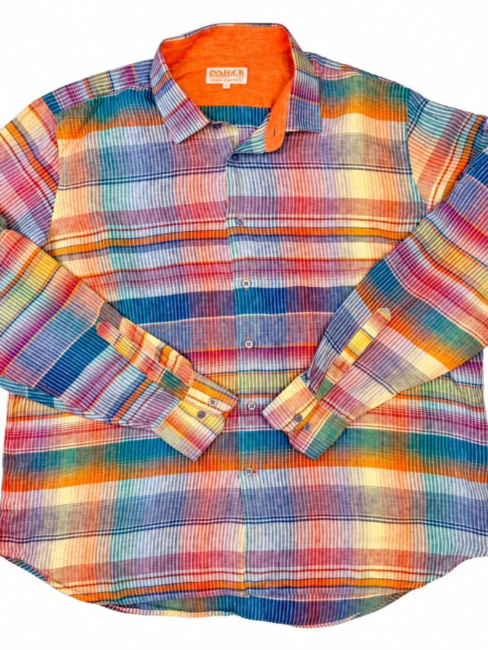 INSERCH Mens 3XL 100% Linen Shirt Multicolor Plaid Long Sleeve Button Down